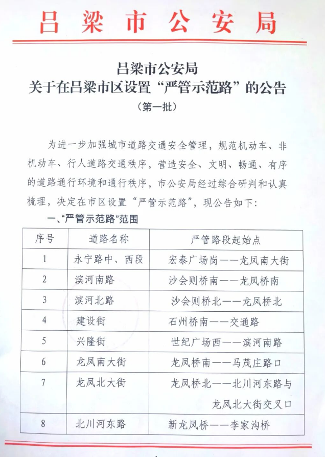 山西吕梁市公安局关于在吕梁市区设置“严管示范路”的公告